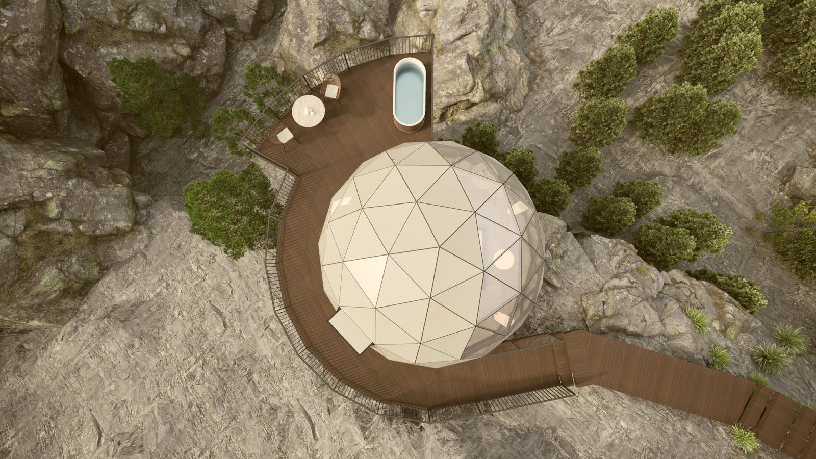 Aerial view of a Canyon View dome, its curved deck and cedar hot tub set into the schist cliff