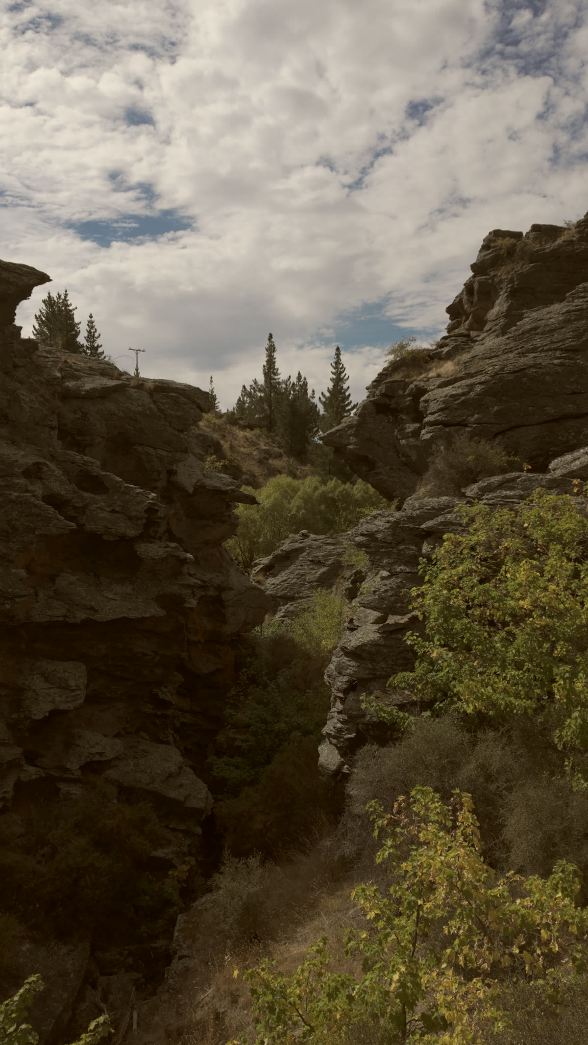 Looking down into the schist canyon cleft on the Canyon View Domes site