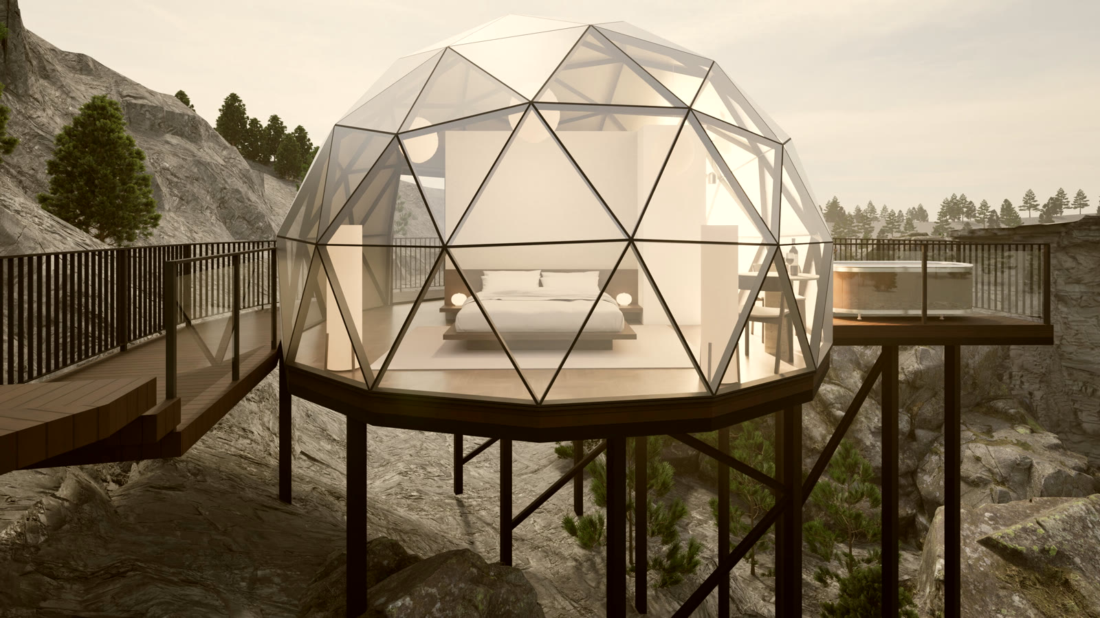 A glass geodesic dome raised above the canyon on steel legs, bed visible through the glass