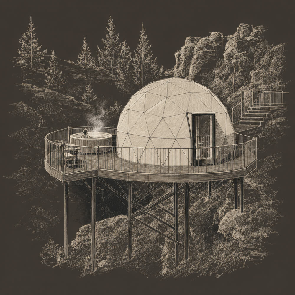Hand-drawn illustration of a Canyon View dome on its deck with a steaming hot tub, set among pines and schist
