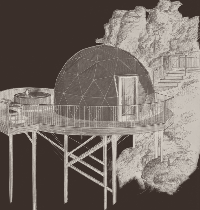Hand-drawn illustration of a Canyon View dome on its deck with a steaming hot tub, perched on the schist